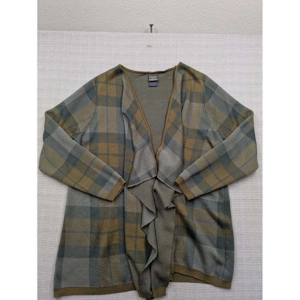 Outlander Cardigan Sweater Womens 3 Gray Plaid Open Front Ruffle Long Sleeve